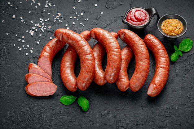 Smoked sausages in vacuum packaging On a black background