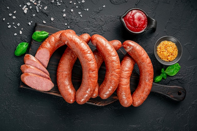 Smoked sausages in vacuum packaging On a black background