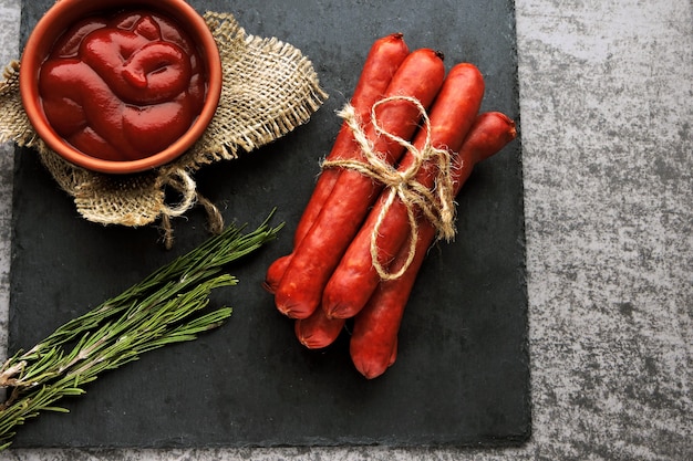 Smoked sausages with sauce and rosemary. Top view.