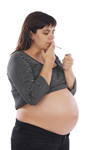 Smoker pregnant on a over white background