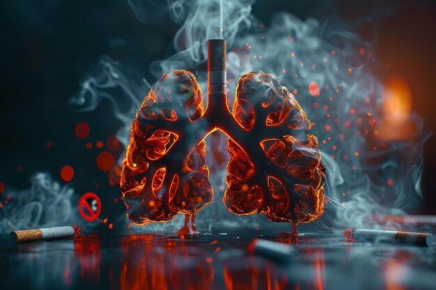 흡연자의 폐는 연기와 담배, 담배 꺼기와 은 폐는 환자의 폐를 파괴합니다. 암, 폐, 건강하지 않은 생활 방식, 니코틴.