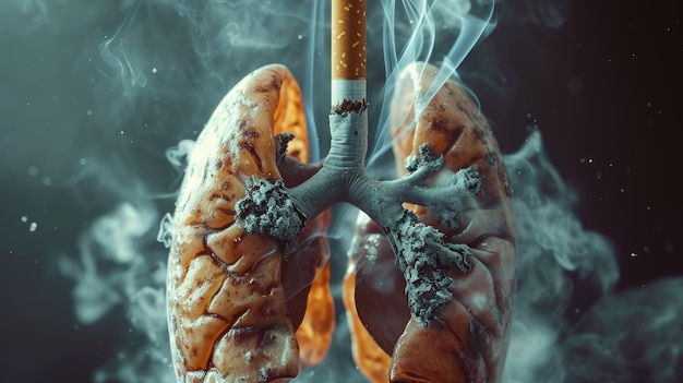Foto i polmoni di un fumatore sono rovinati dal fumo del tabacco delle sigarette il danno del banner del fumo