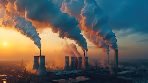 Smokestack pipes emitting co2 from coal thermal power plant into atmosphere Toxic fumes from industrial plants Generative Ai