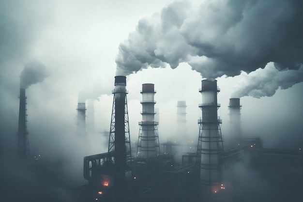 Smokestacks emitting pollution in industrial scene