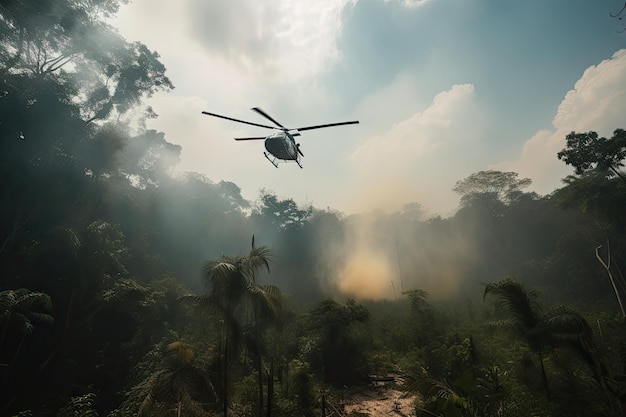 Smokey jungle with helicopter in the background flying towards the camera