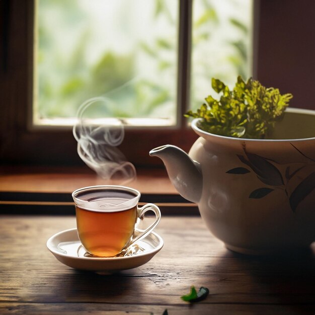 smokey tea cup on the wooden table