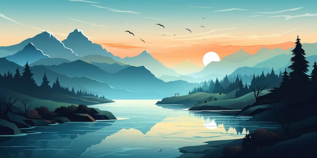 Smokey Teal and Cyan Cartoonish Landscape with Calm Waters AI Generated