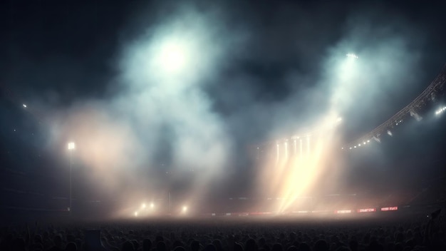 Foto atmosfera fumosa ed elettrica con le luci dello stadio