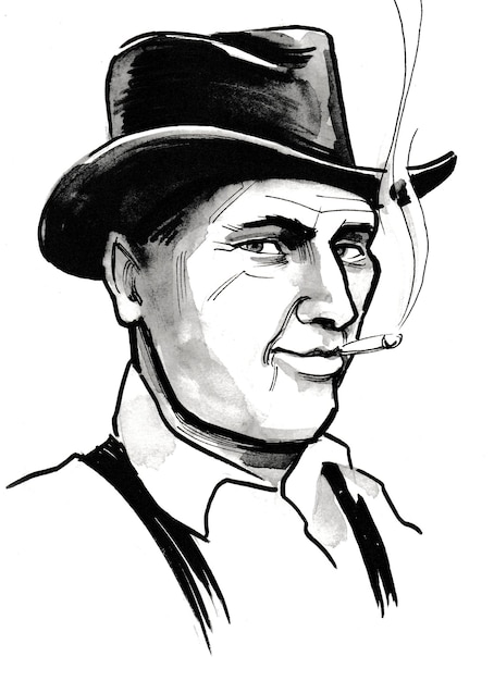 Photo smoking american gangster in hat. ink black and white drawing