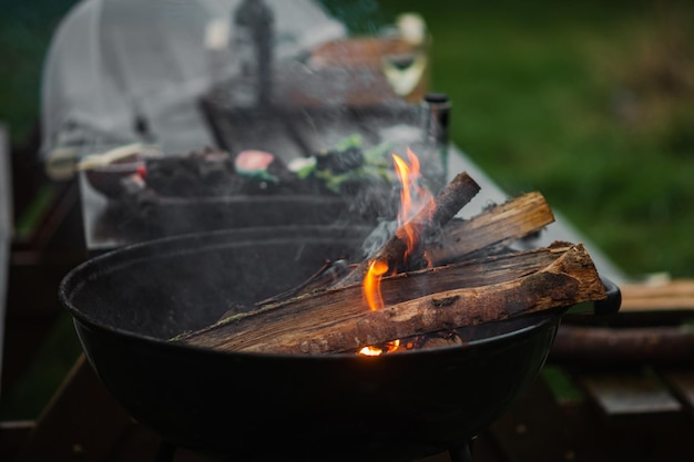 The smoking brazier of a round form Firewood flares up in the brazier against the background of green grass The concept of picnic relaxation grilling