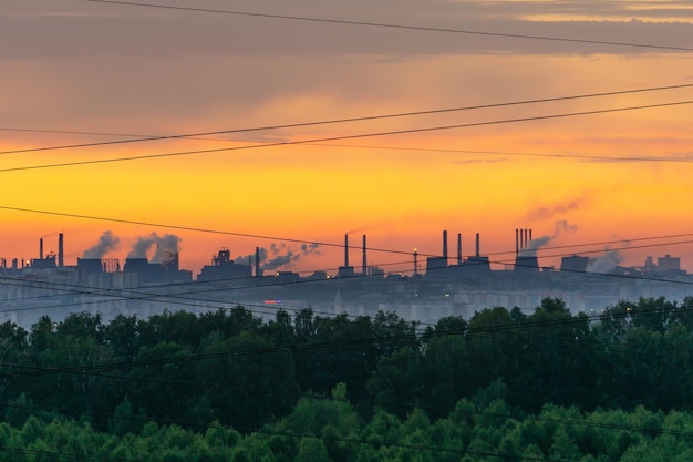 Smoking chimneys at dawn forest industrial landscape and wires\
the border of nature and civilization