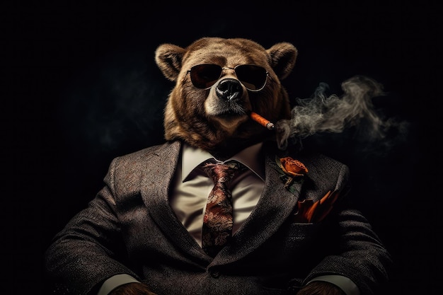 Курение сигарного медведя в костюме и солнцезащитных очках на черном фоне Генеративный AI