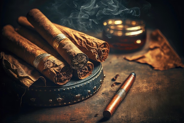 Smoking cuban cigars on dark background with smoke created with generative ai