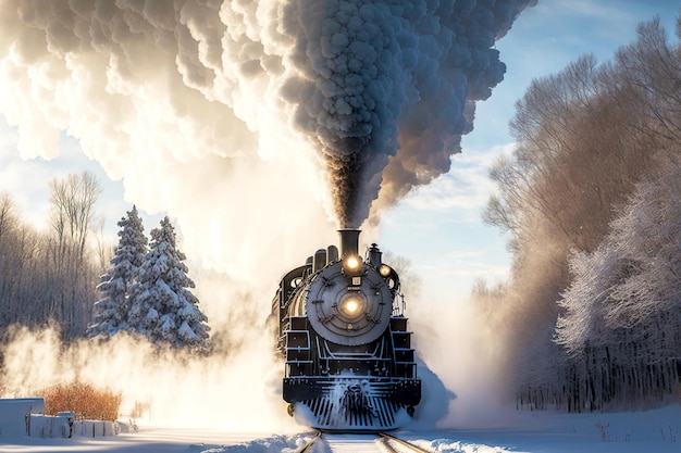 Photo smoking diesel locomotive with polar express train travels by rail to station