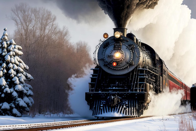 Smoking diesel locomotive with polar express train travels by rail to station