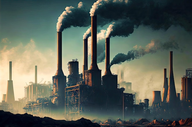 Smoking factory chimneys against backdrop of industrial city