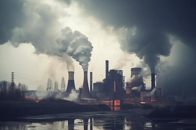 Smoking factory chimneys smoke from factory Large plant with smoking pipes air pollution from smoke Environmental pollution concept ecology problem AI generated image