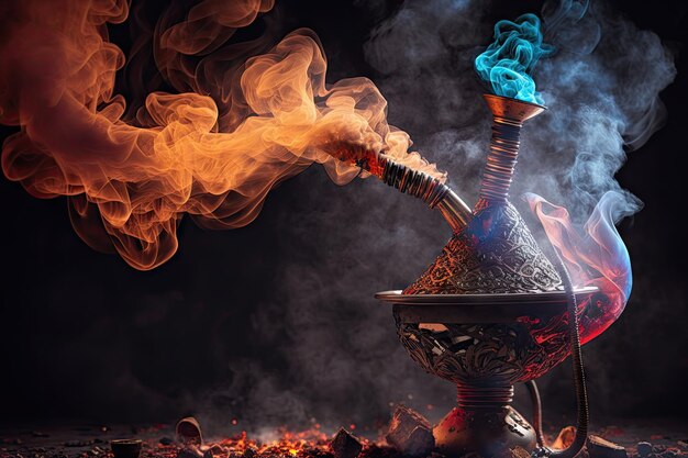 Smoking from hookah pipe with coals of burning fire