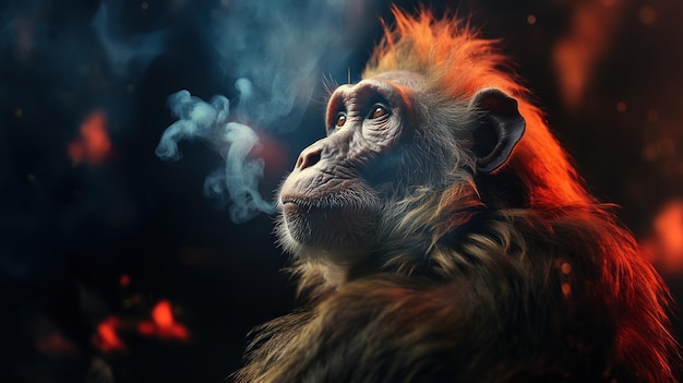 Photo smoking monkey on blue and red light smoke background