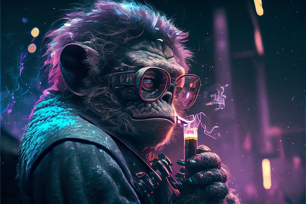 Smoking monkey sitting in a bar