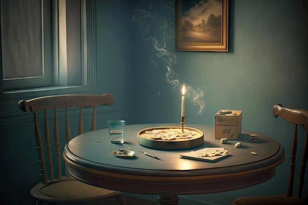 Smoking room with burning cigarettes in ashtray for cigarettes on table created with generative ai