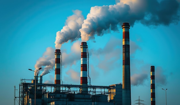 Smoking stacks against a sunset sky The concept of industrial production and ecology