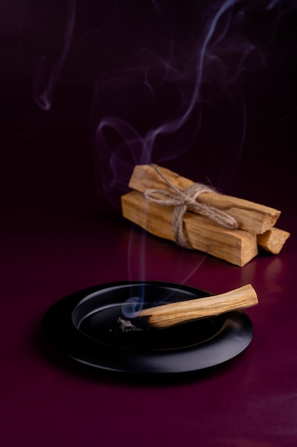 Smoking stick of Palo Santo tree on a dark background