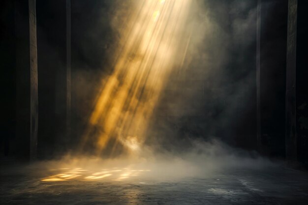 smoky aged room with light ray stage lighting at fogy blank atmosphere background