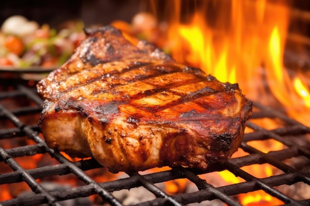 Smoky barbecue pork chop over live fire grill