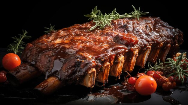 smoky barbeque ribs with barbeque sauce and chopped vegetables on a wooden table