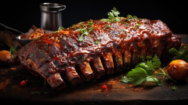 smoky barbeque ribs with barbeque sauce and chopped vegetables on a wooden table