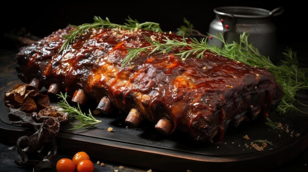 smoky barbeque ribs with barbeque sauce and chopped vegetables on a wooden table