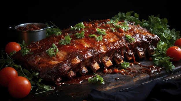 smoky barbeque ribs with barbeque sauce and chopped vegetables on a wooden table