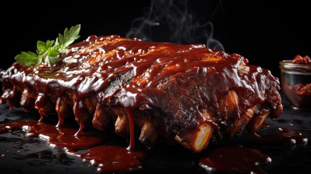 Smoky barbeque ribs with barbeque sauce and chopped vegetables on a wooden table