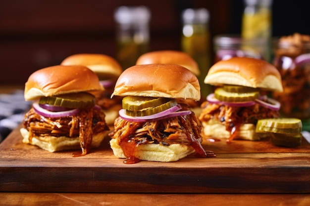 Smoky bbq pulled pork sliders with pickles and onions created with generative ai