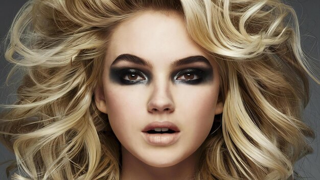 Smoky eyes make-up mooie jonge blonde vrouw met volume kapsel