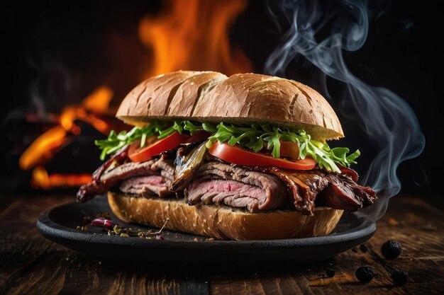 Smoky Fresh Beef Sandwich on Wooden Table