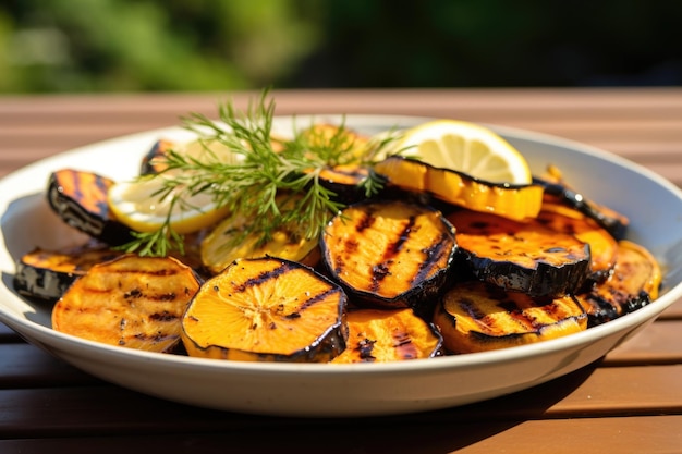 Smoky grilled squash and sweet potato on a ceramic dish