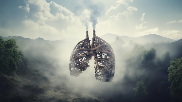 Smoky human lung illustration depicting the dangers of smoking and air pollution