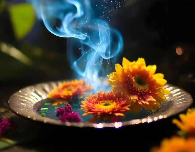 Smoky Incense and Marigolds in a Sacred Indian Ritual a plate with flowers