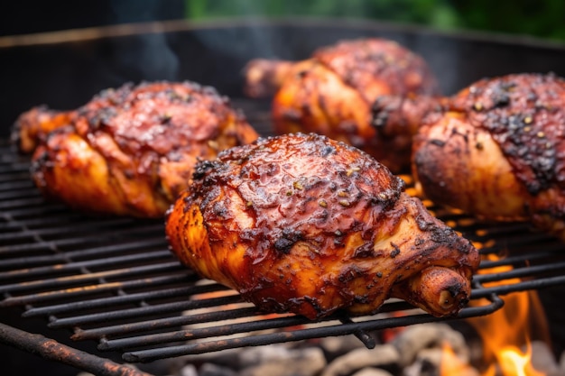 Foto cosce di pollo jerk affumicate su un barbecue portatile