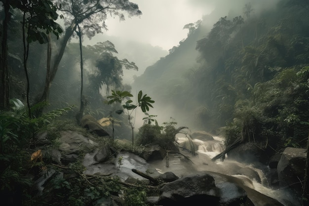 Smoky jungle after heavy rainstorm with waterfalls and overflowing streams