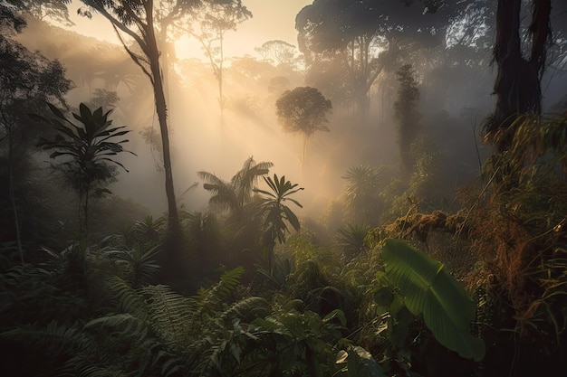 Smoky jungle at dawn with mist rising from the trees