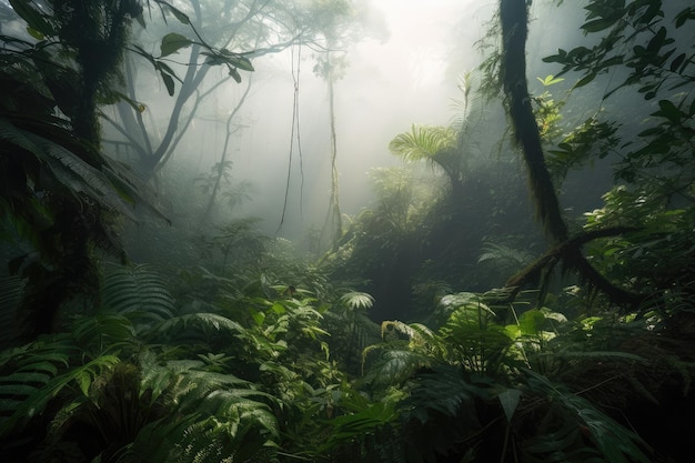 Smoky jungle with green foliage and misty atmosphere created with generative ai