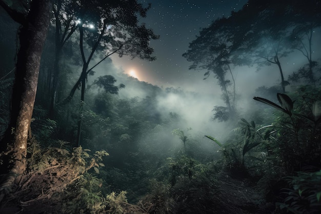 Smoky jungle with view of the starry night sky visible through the trees
