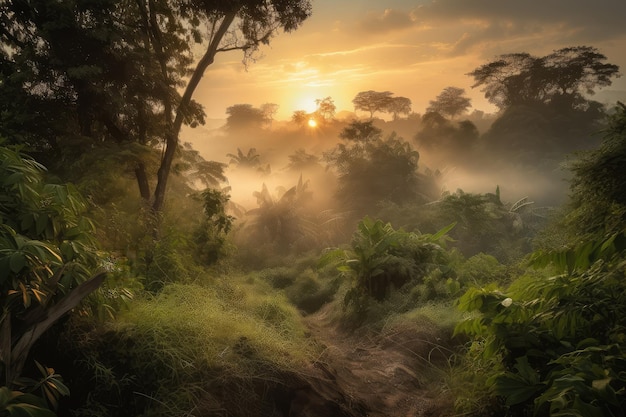 Smoky jungle with view of sunrise over the horizon bringing new day to the jungle