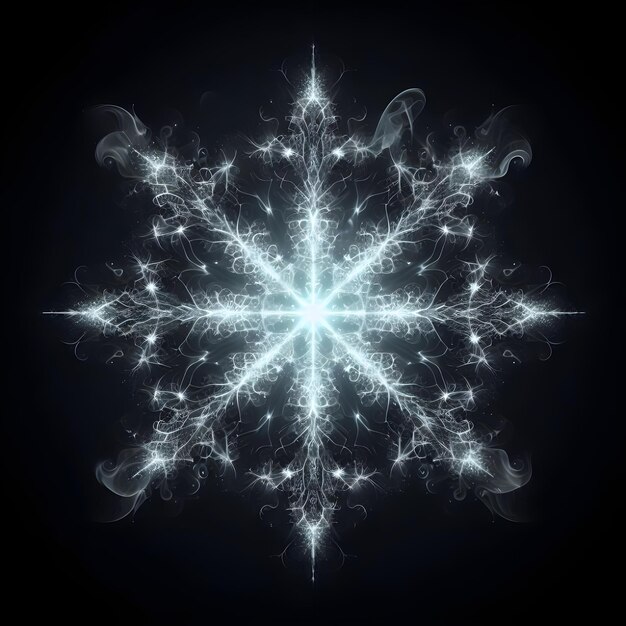 Photo a smoky luminescent white creates the basic outline of snowflake black background