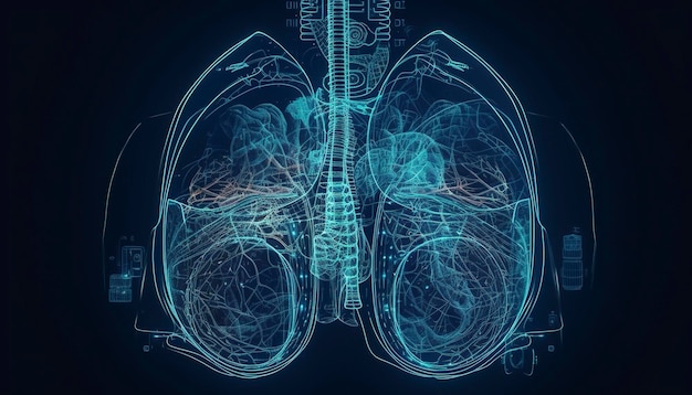 어두운 배경에 있는 흡연자의 연기가 자욱한 폐는 의료 개념 3D 일러스트레이션을 분리합니다. 생성 AI