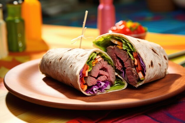 A smoky meat wrap on a colorful tablecloth