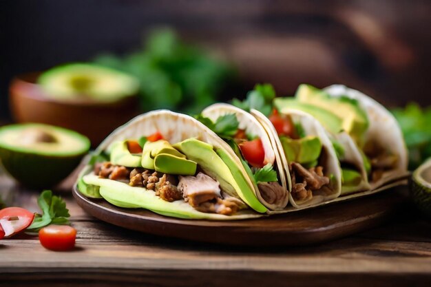 Smoky Mexican pork and bean tacos with lettuce and avocado salad